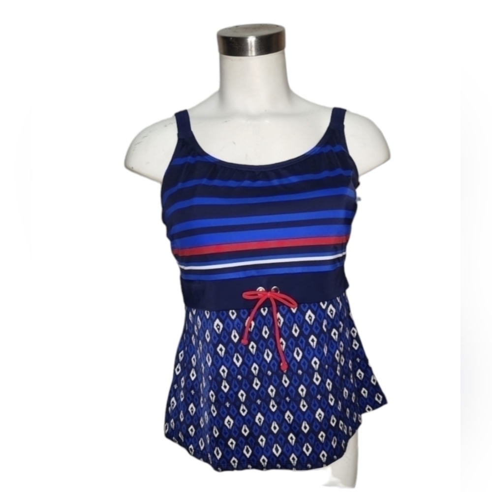 White striped bikini top on a dark blue background.  Elongated style, adjustable